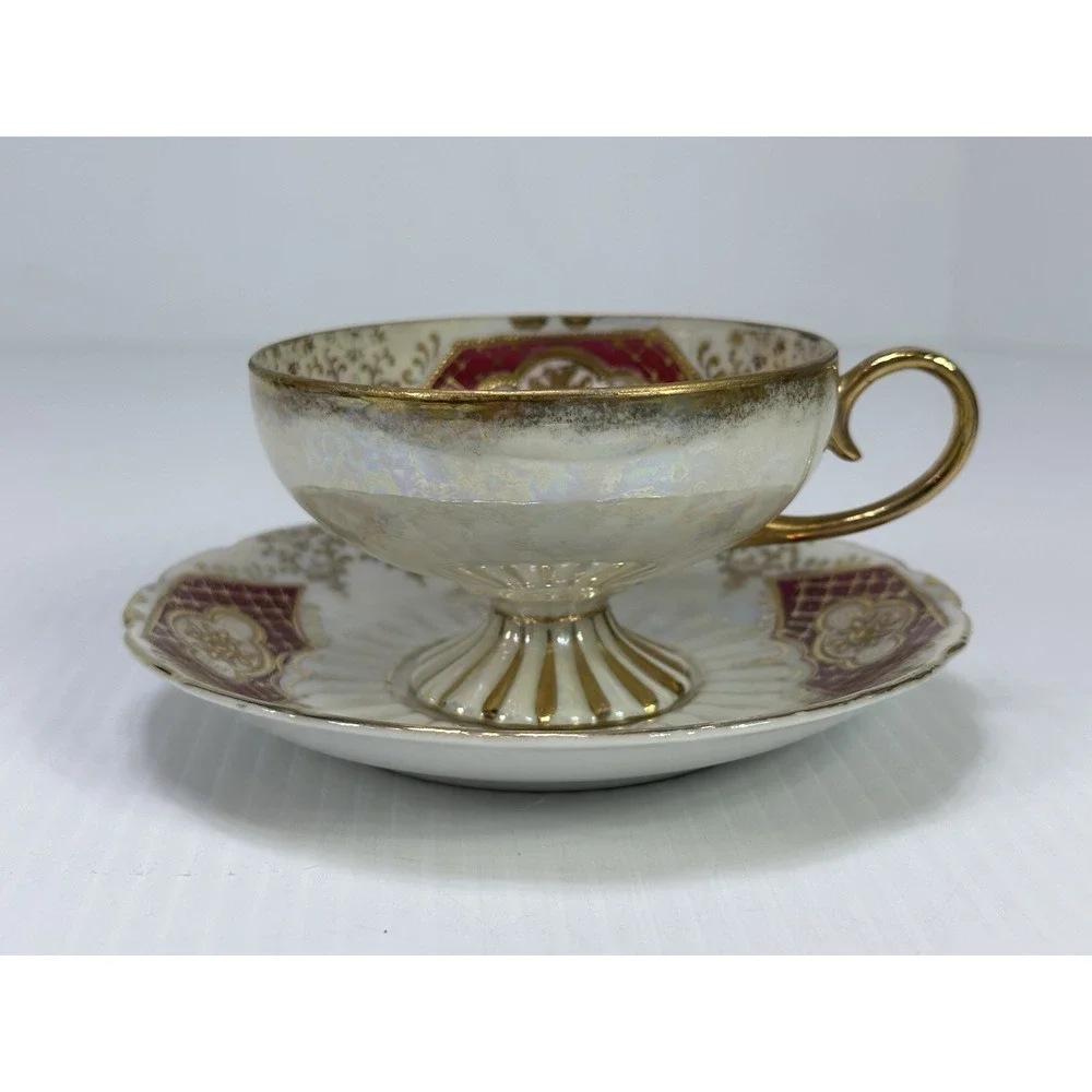VTG Royal Sealy‎ China Japan Footed Teacup & Saucer Lustreware Red Gold White 2